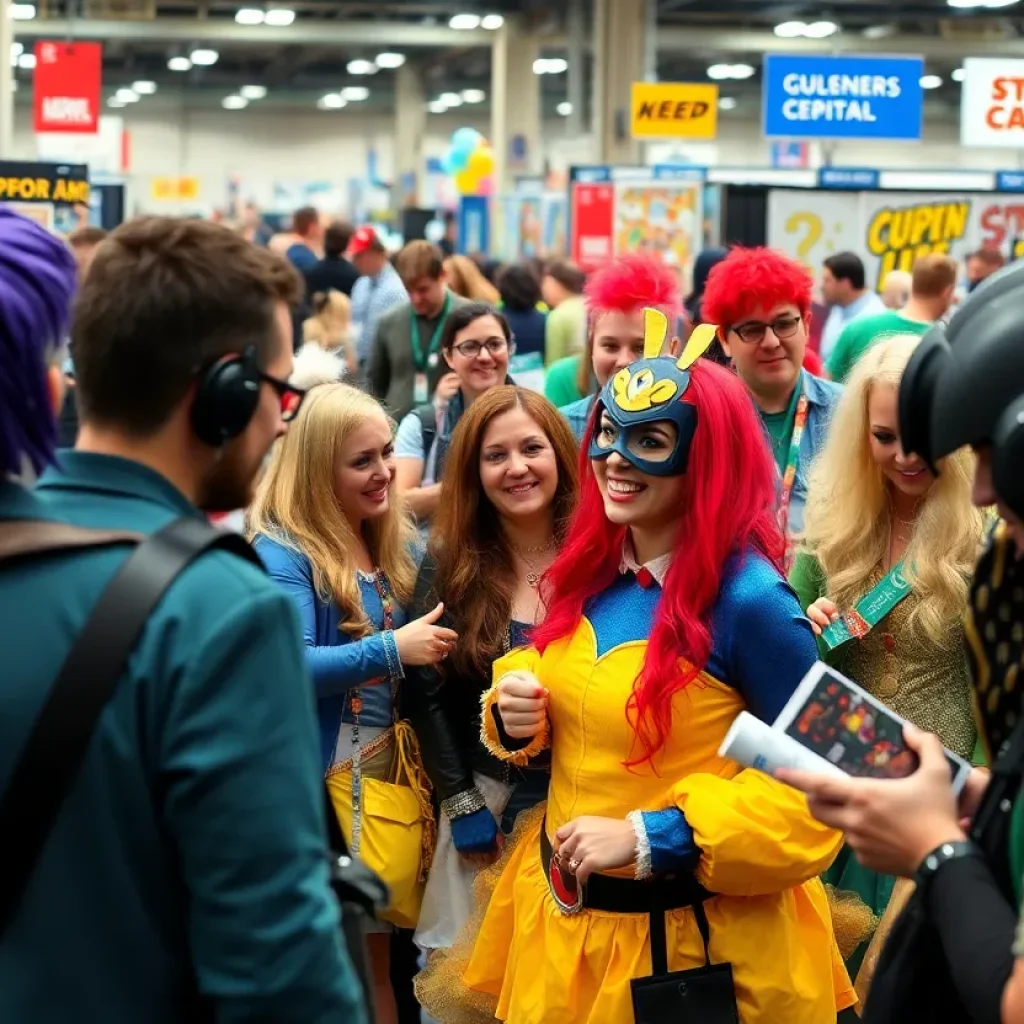 Crowd of fans at a comic convention with comic book displays and costumes