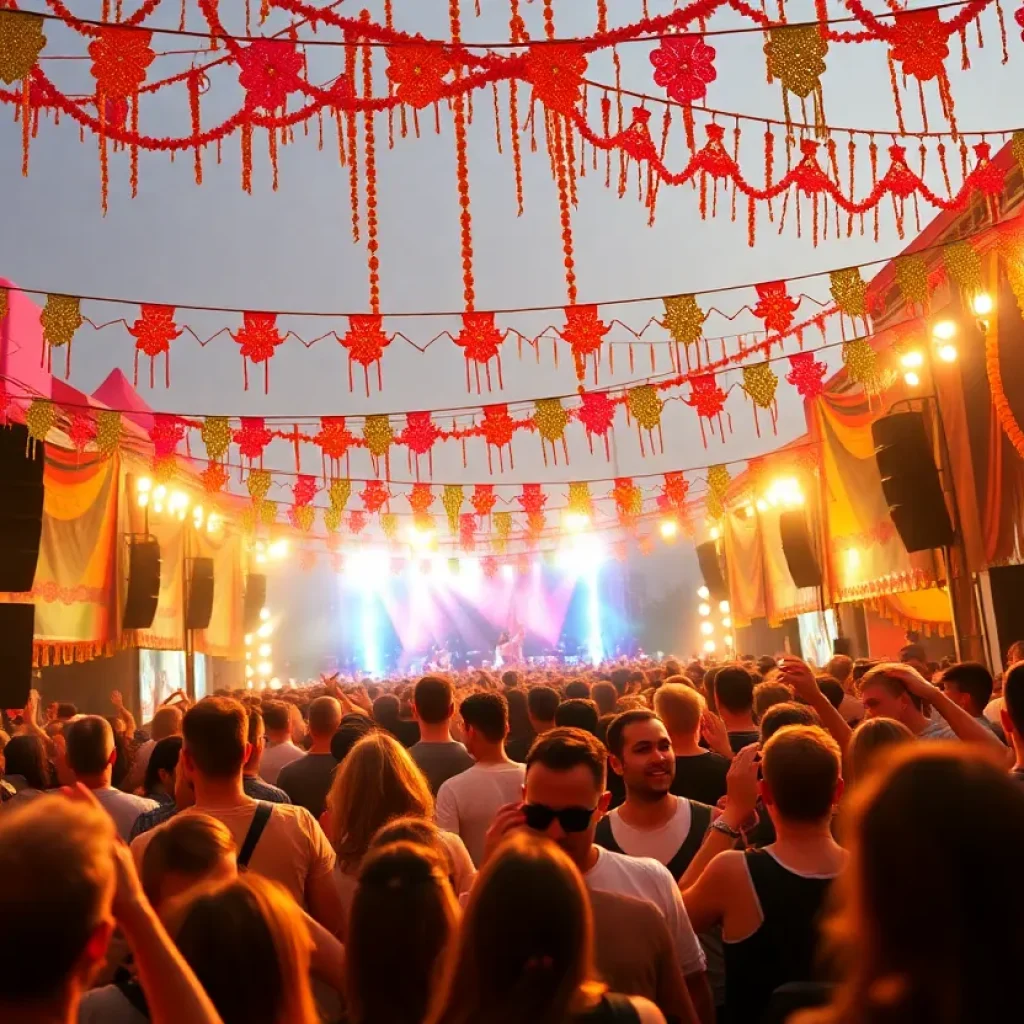 Crowd enjoying the Nashville Elvis Festival 2025 with colorful decorations.