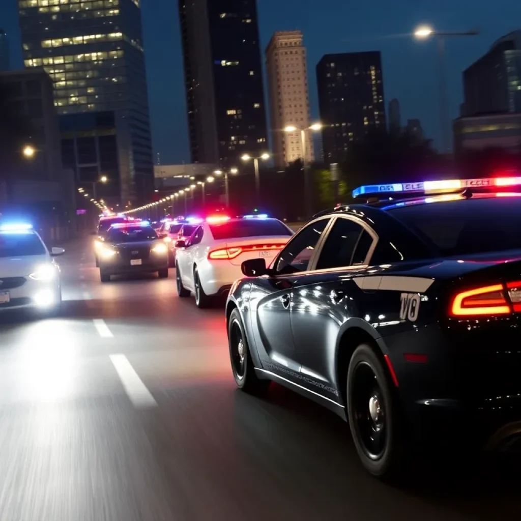 Police cars pursuing a suspect through the streets of Nashville at night.