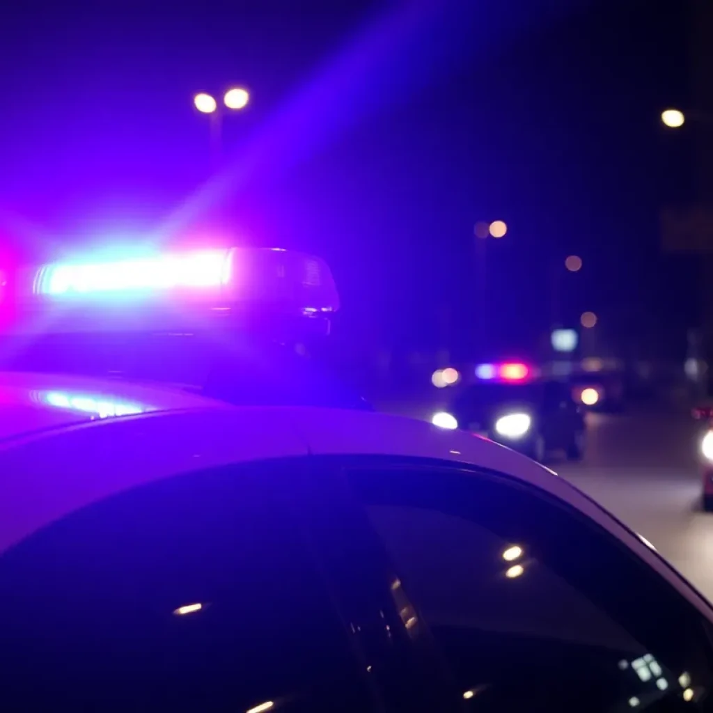 Police car with flashing lights parked on the street at night