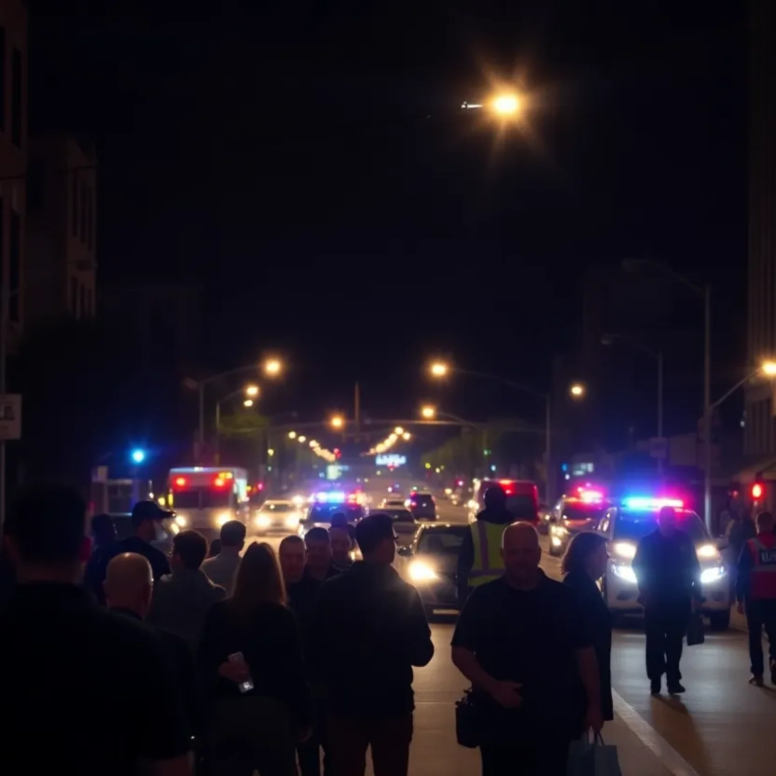 Police lights on a Nashville street with community members gathered