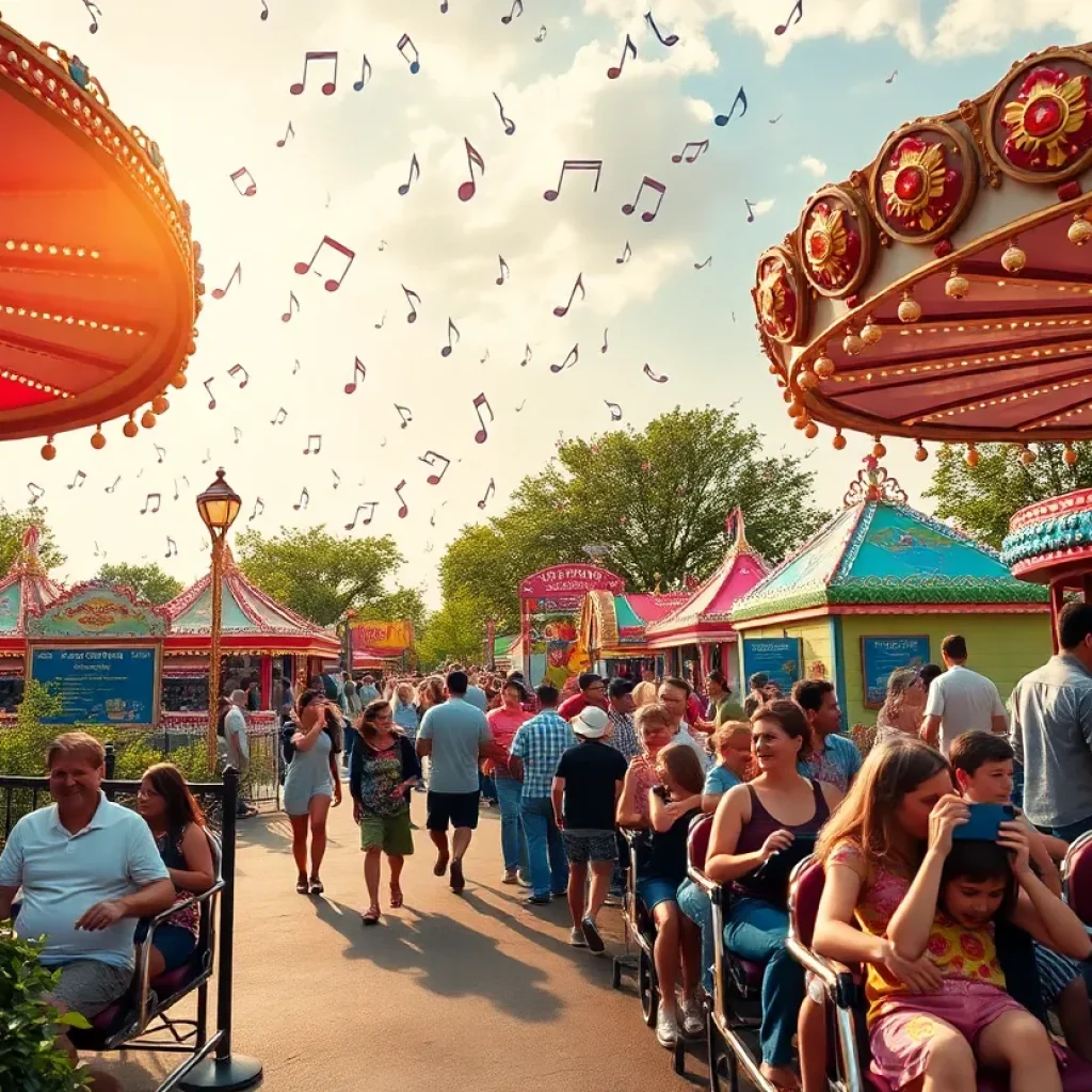 Families enjoying rides at the nostalgic Opryland USA amusement park.