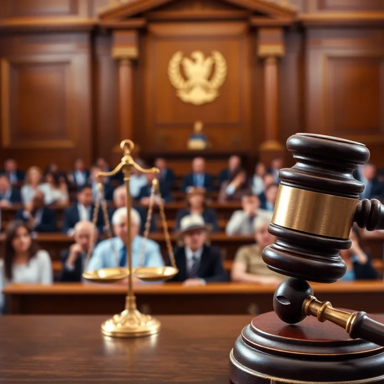 Symbol of justice in a courtroom with gavel and scales.