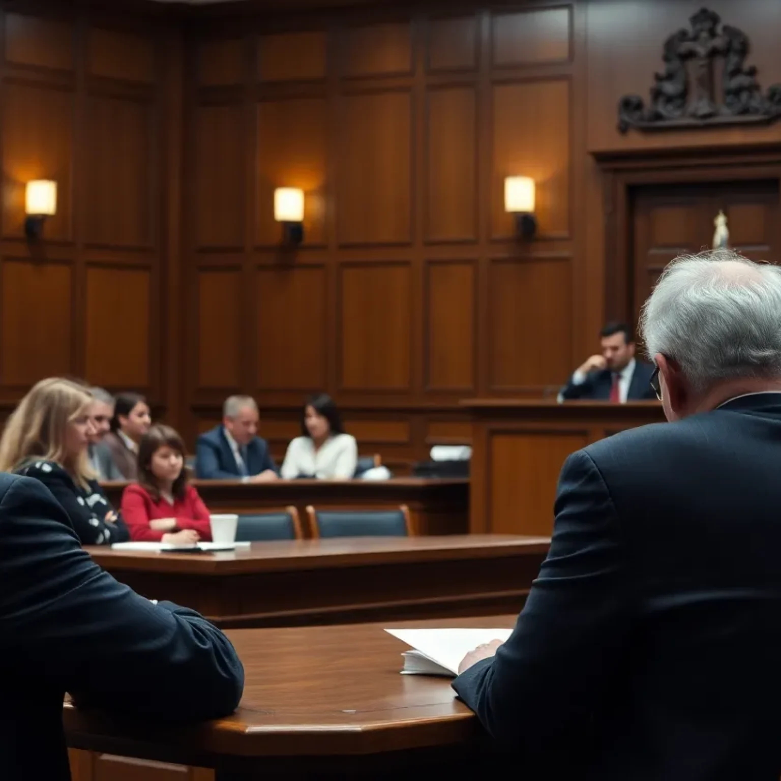 A courtroom during a murder trial with jurors in panel and a judge at the bench.