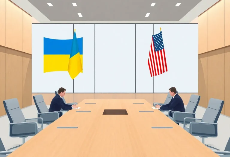 Diplomatic conference room with flags representing Ukraine and the United States.