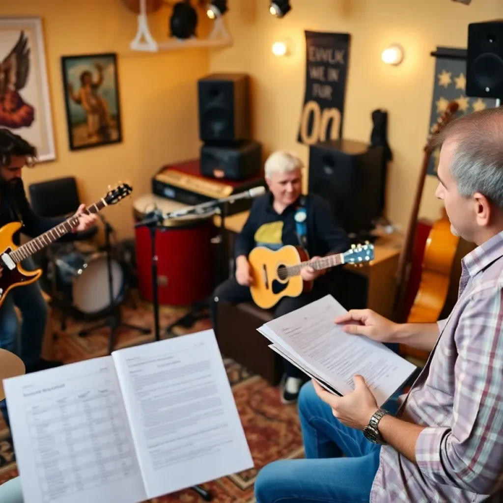 Musicians receiving tax assistance in a studio.