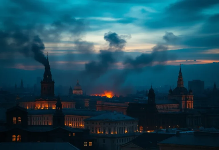 Moscow cityscape affected by drone attack