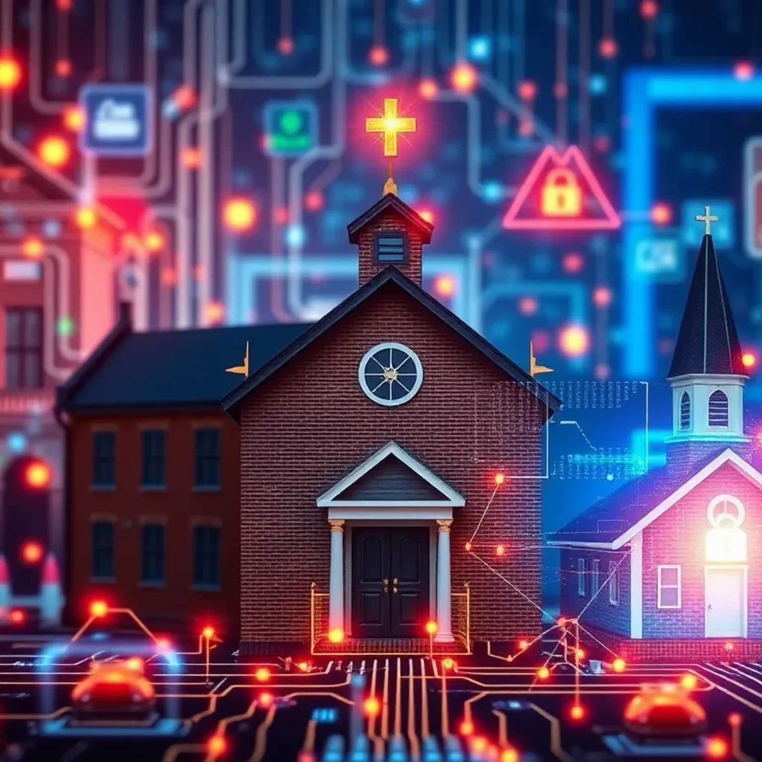 Abstract illustration depicting cyber threats to a school and church in Nashville.