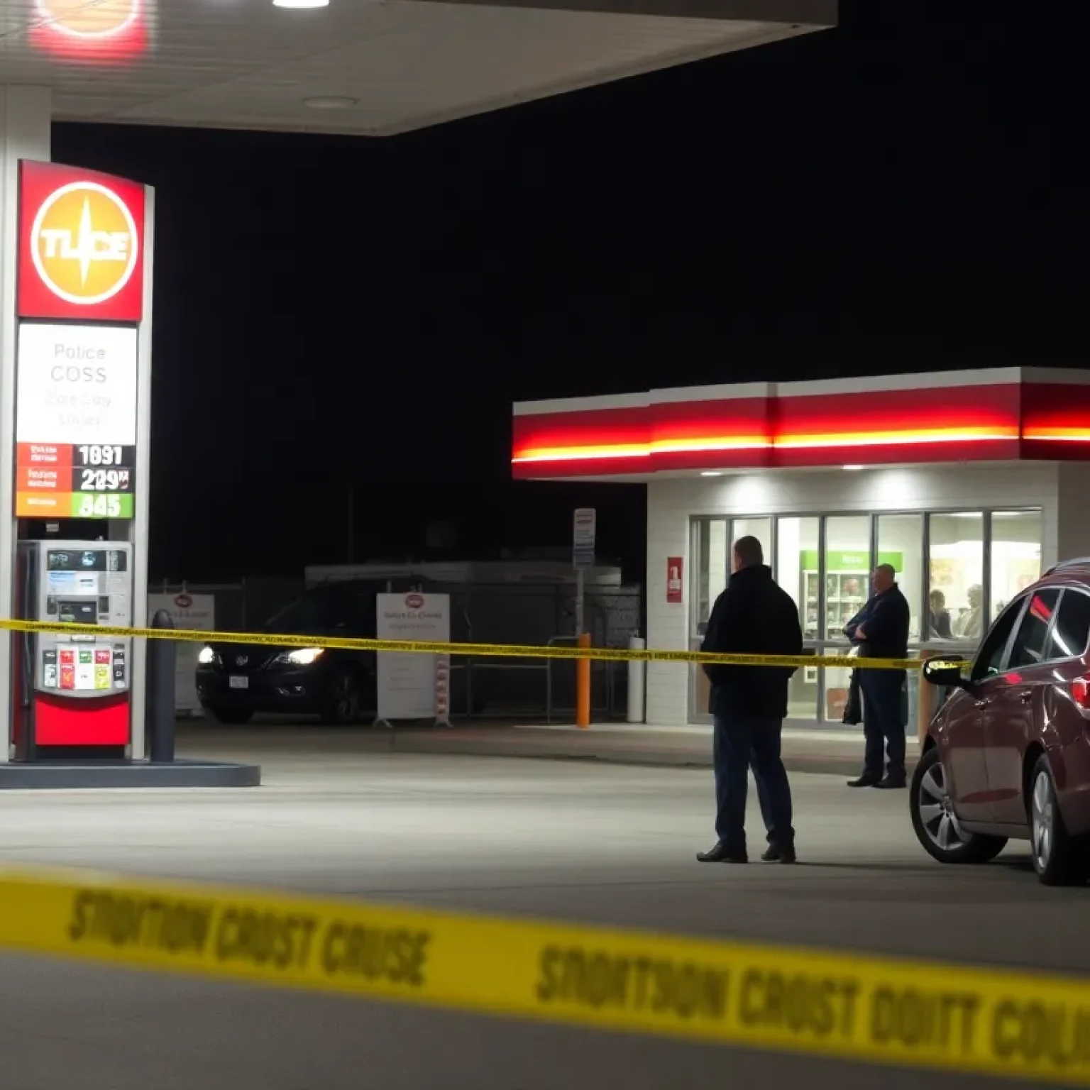 Police investigation at a gas station after a shooting