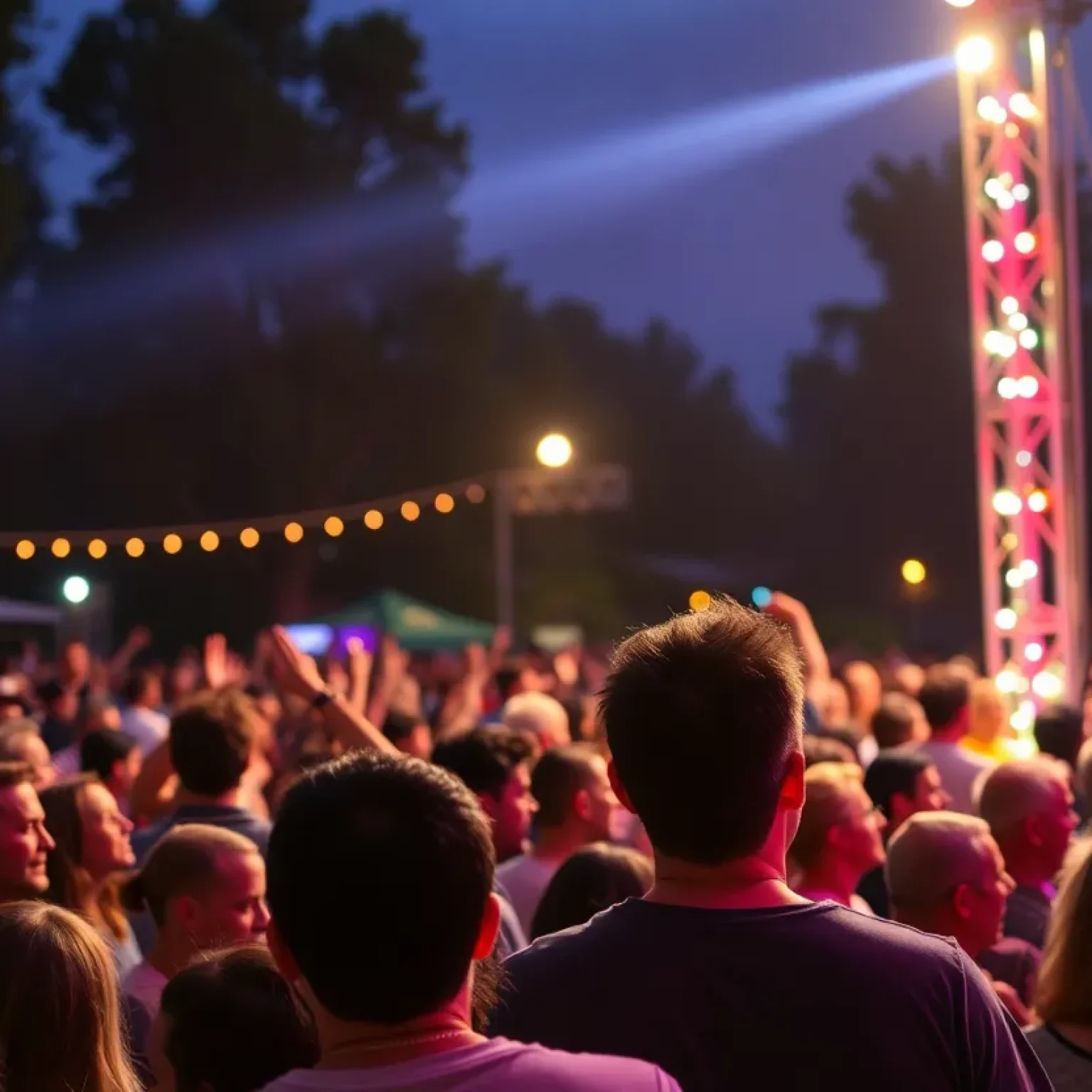 Crowd at a concert for hurricane relief efforts with colorful lights