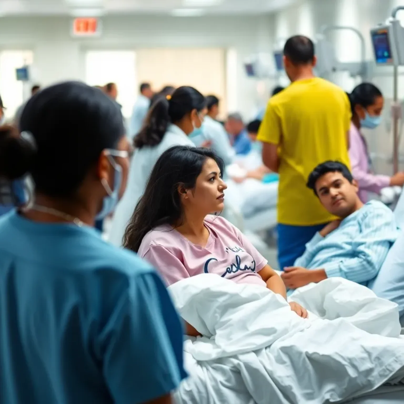 Hospital scene illustrating bed shortage and healthcare workers