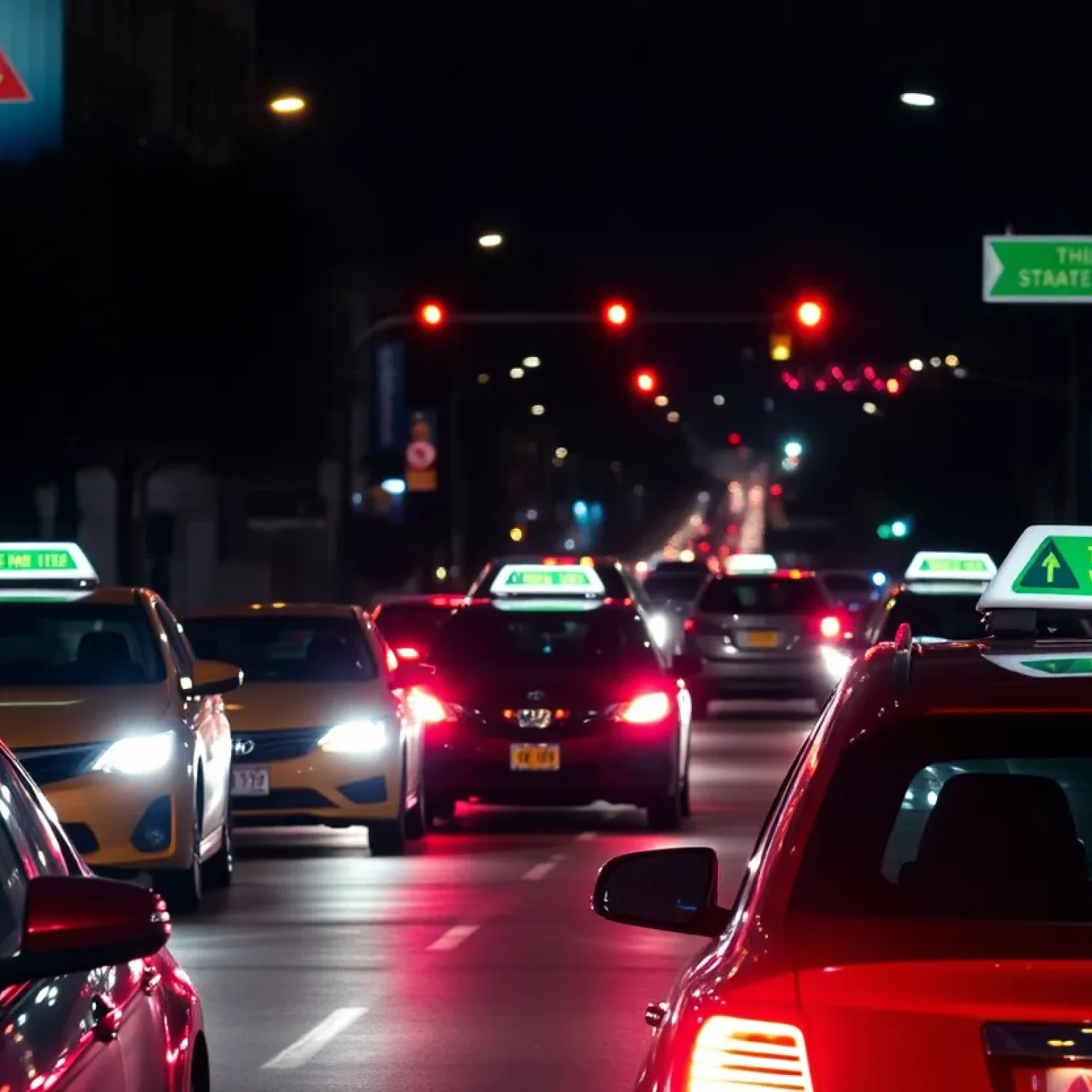 Nashville street with rideshare and taxi vehicles at night.