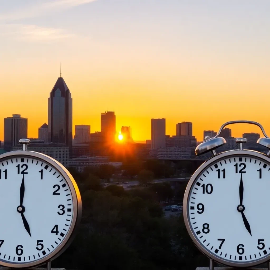 Nashville skyline with sunset for Daylight Saving Time