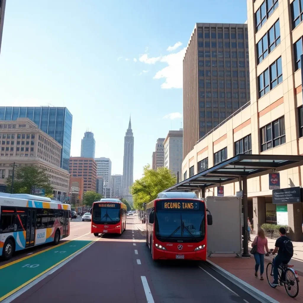 Illustration of Nashville's new transit infrastructure including buses and bike lanes.