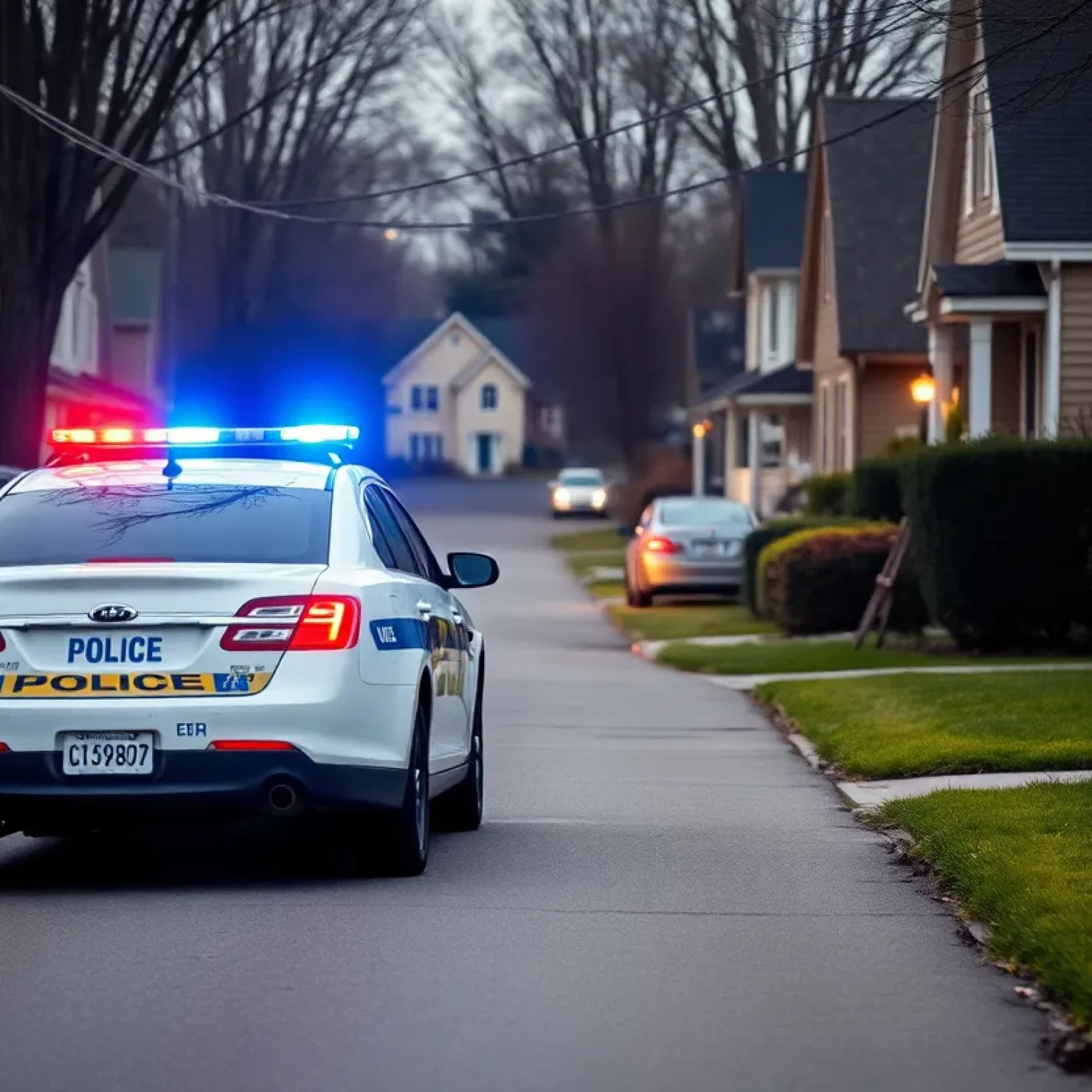 Police car parked in front of a suburban home during a domestic disturbance incident