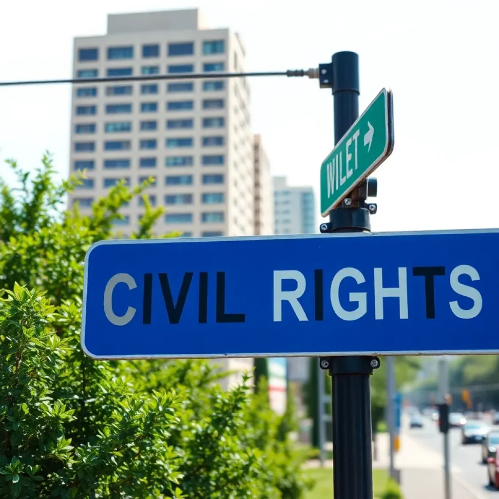 Street sign for Rev. James Lawson Avenue surrounded by city buildings