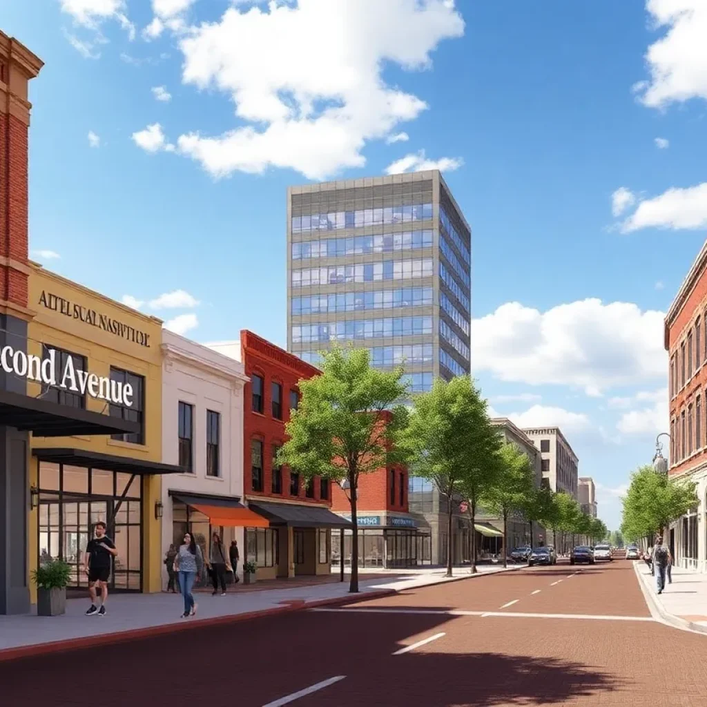 A vibrant view of the revitalized Second Avenue in Nashville with new shops and sidewalks.