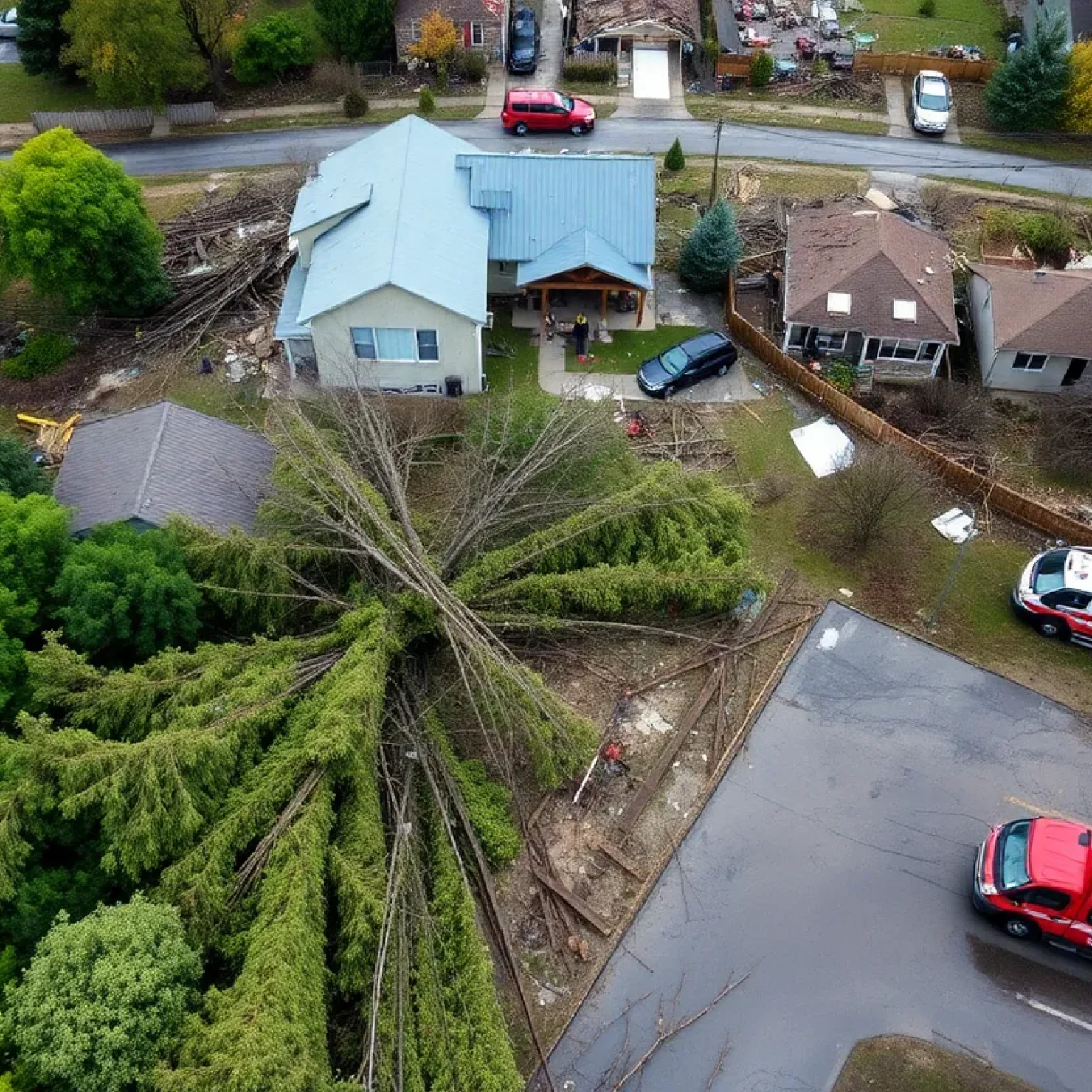 Aerial view of storm damage in Middle Tennessee with fallen trees and debris.