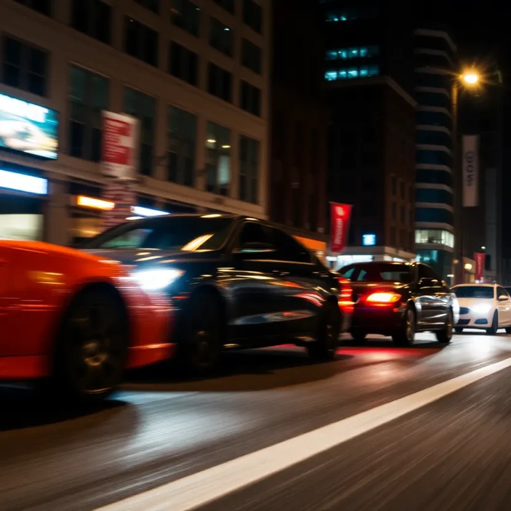 Blurred cars racing at night in Nashville