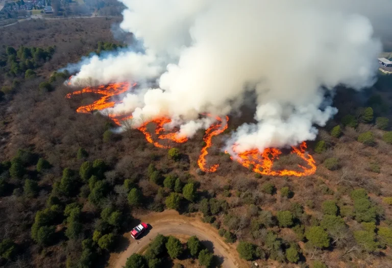 Aerial view of the Westhampton brush fire covering a large area with smoke and emergency responders visible.